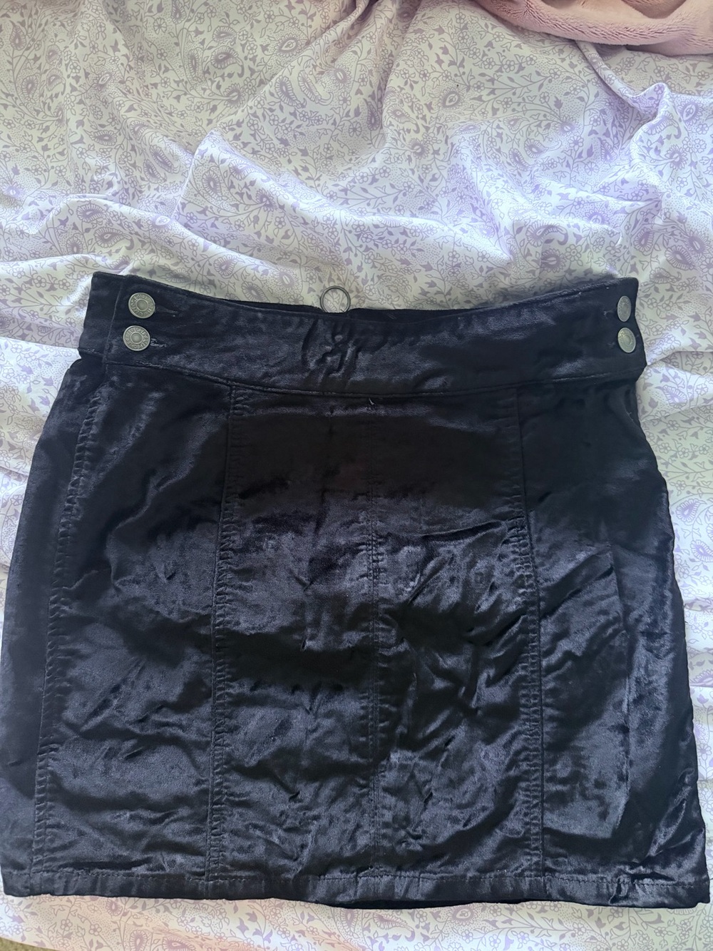Free People Black Satin Mini Skirt with Double Button Waistband